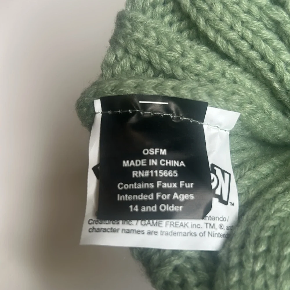 Youth Pokémon Pikachu Green and White Cable Knit Beanie with Pom Pom, Sz. OSFM